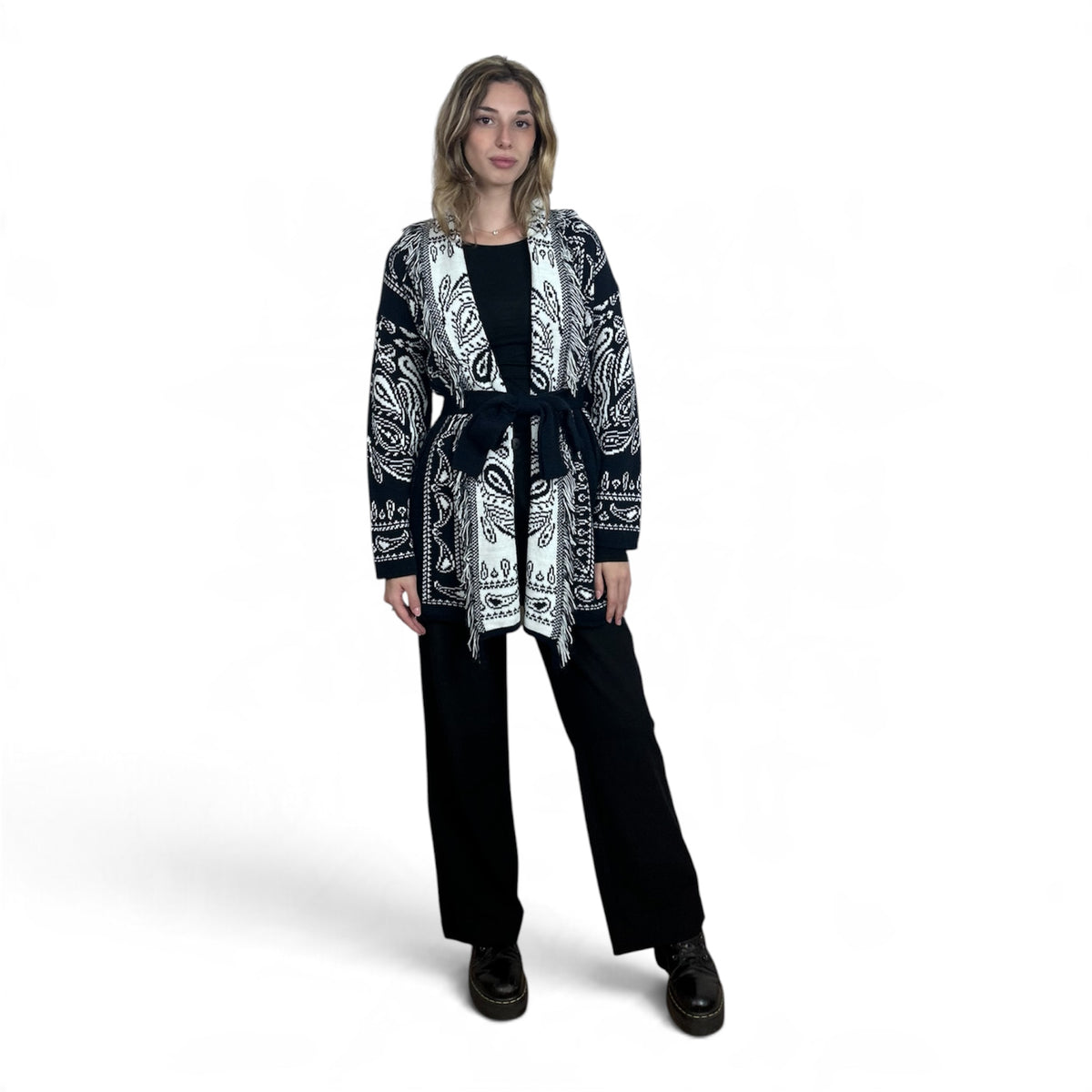 Cardigan Paisley con Frange Blu Notte