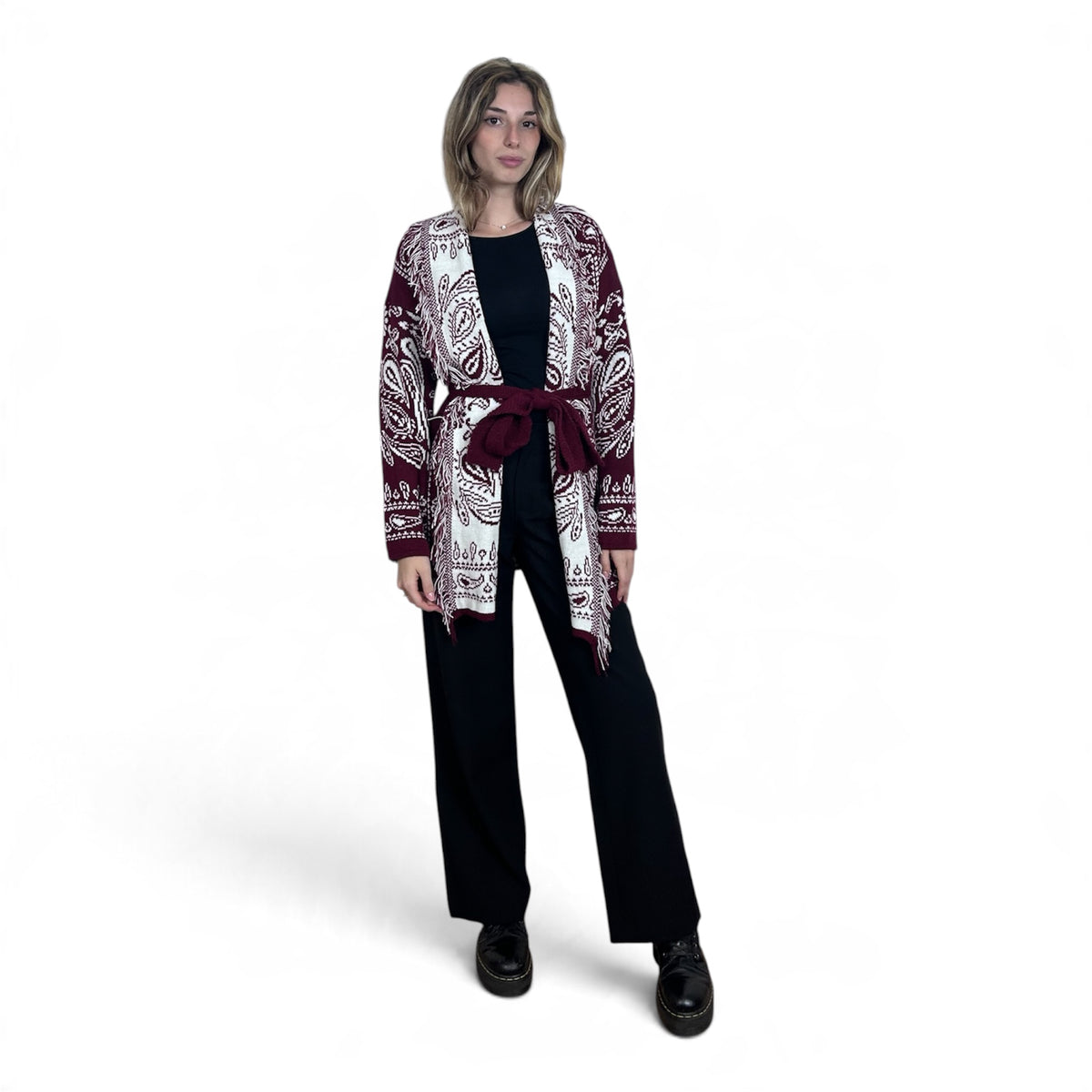 Cardigan Paisley con Frange Bordeaux