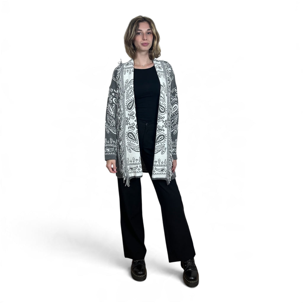 Cardigan Paisley con Frange | Grigio