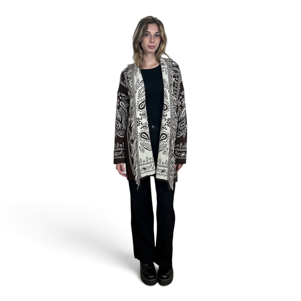 Cardigan Paisley con Frange Marrone
