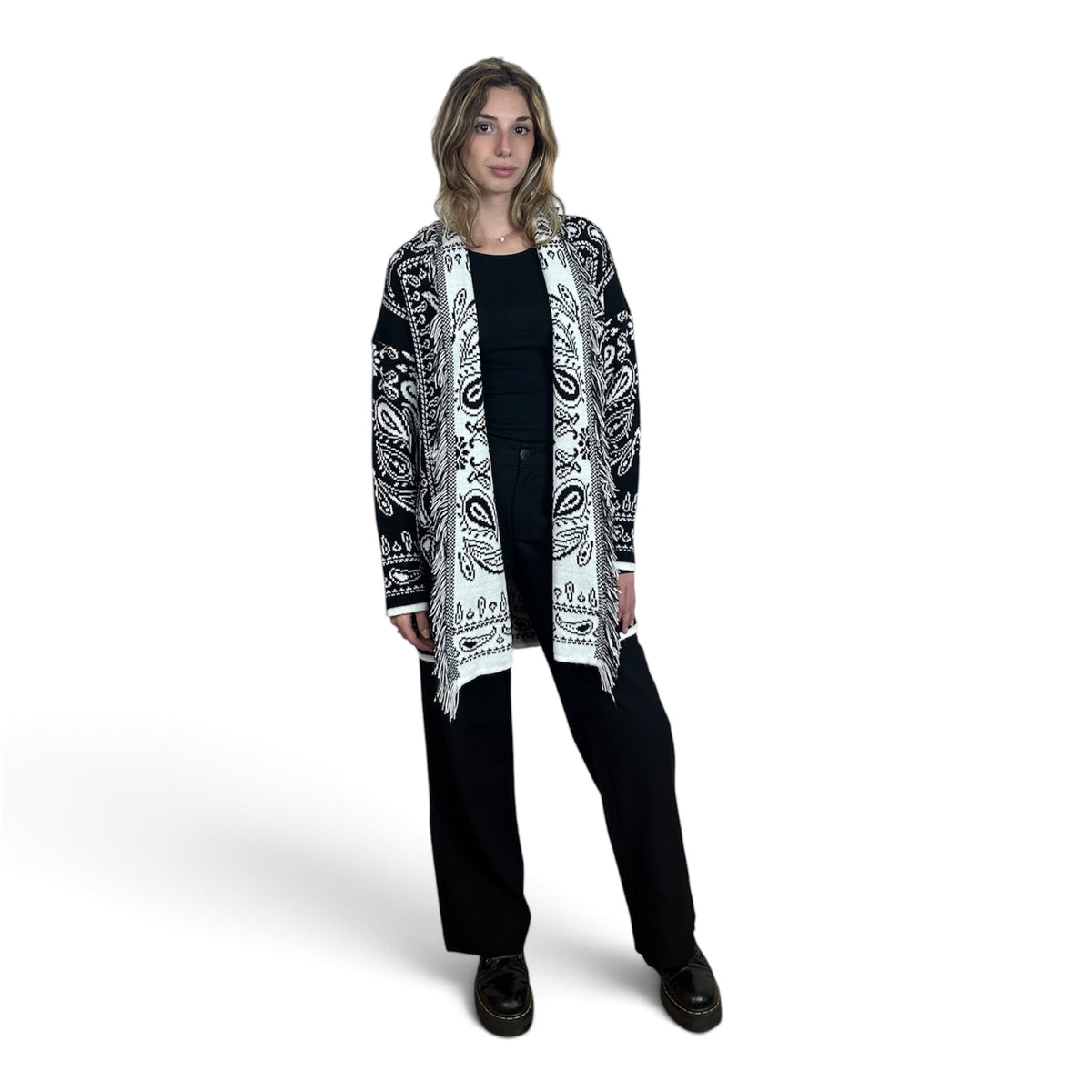 Cardigan Paisley con Frange Nero