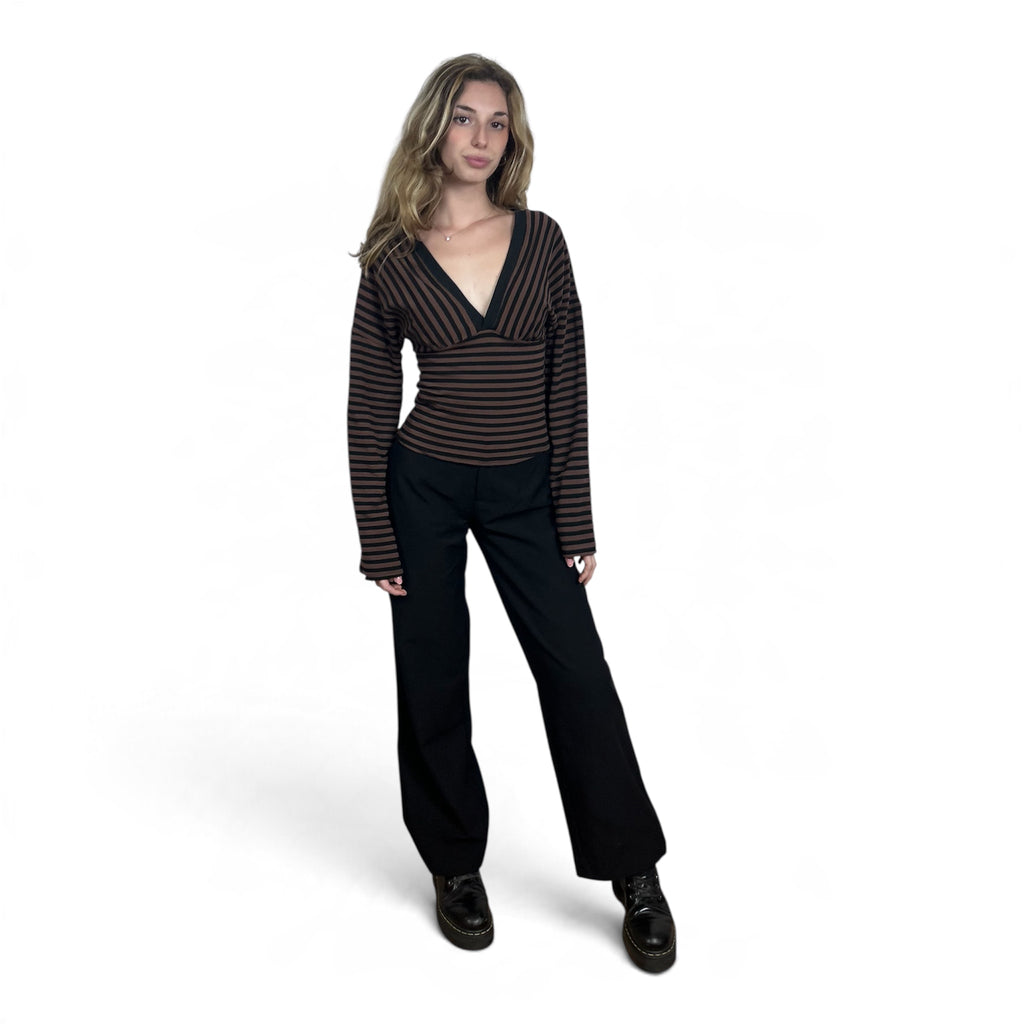 Maglia a Righe Con Scollo Marrone e Nera