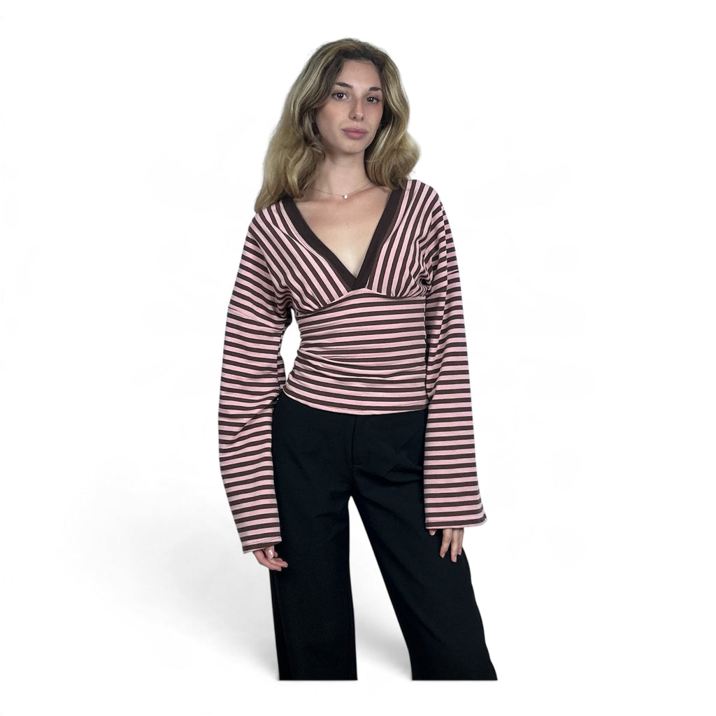 Maglia a Righe Con Scollo Rosa e Marrone
