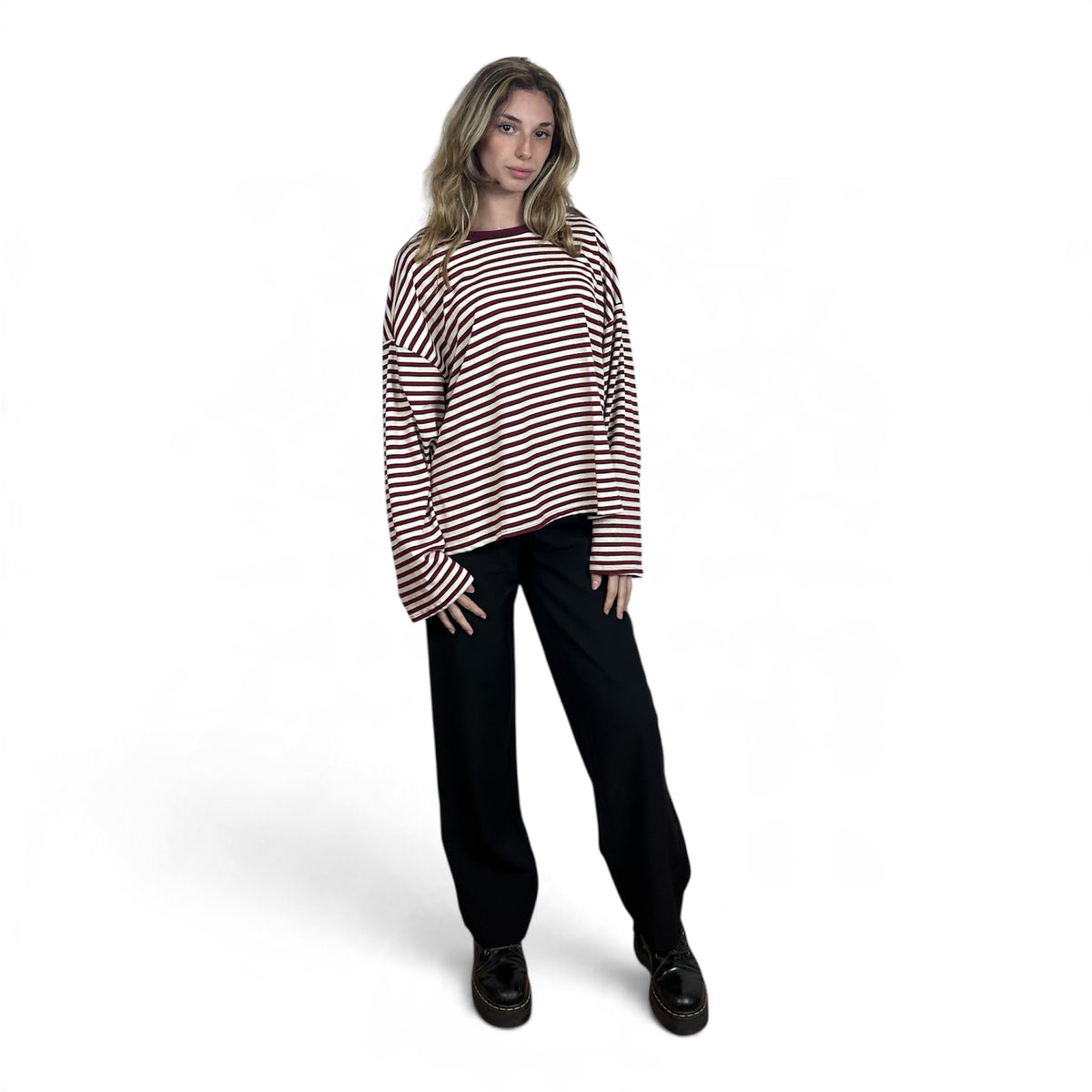 Longsleeve Oversize a Righe Bordeaux e Panna