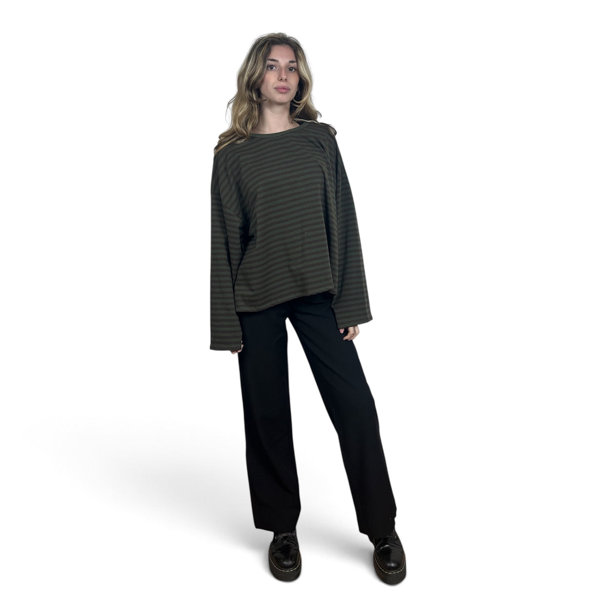 Longsleeve Oversize a Righe Verde e Marrone Scuro