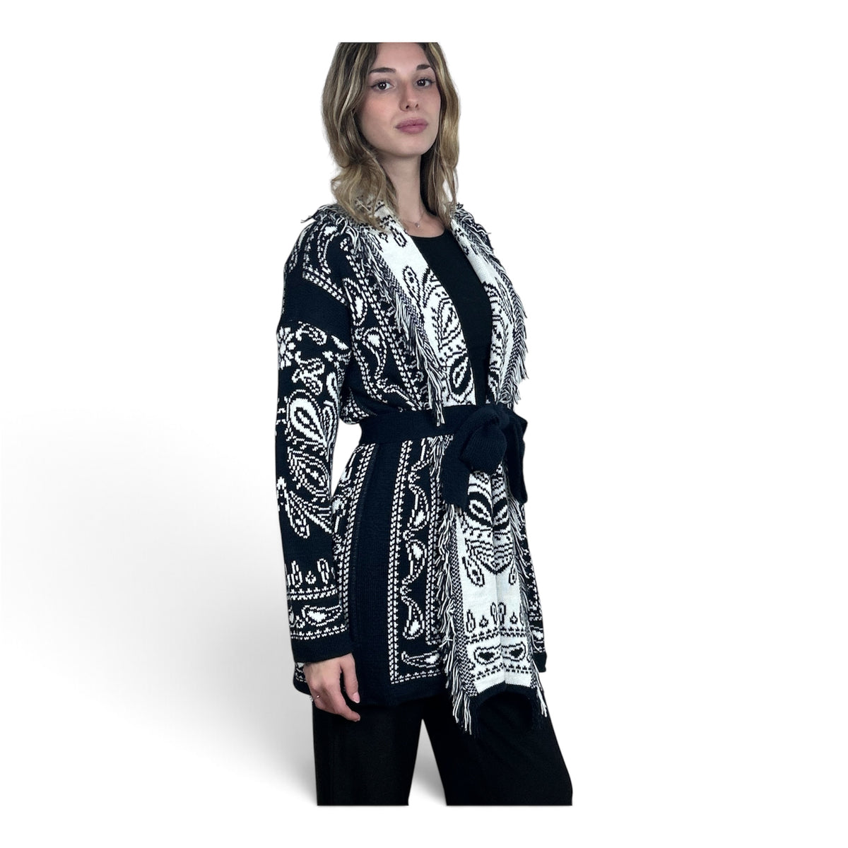 Cardigan Paisley con Frange Blu Notte