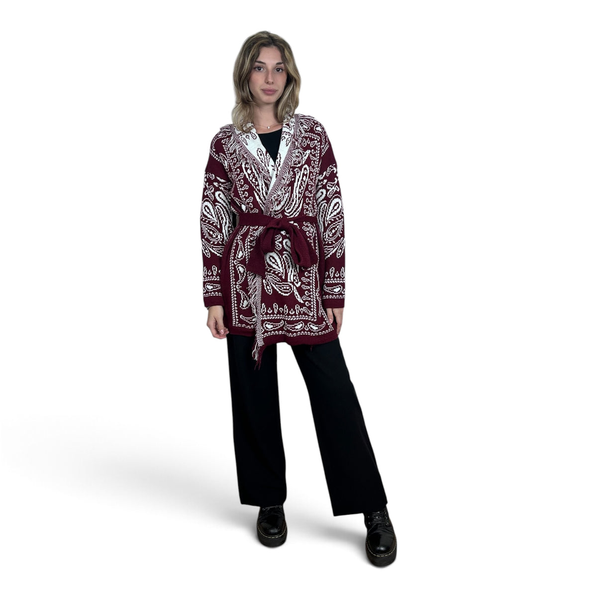 Cardigan Paisley con Frange Bordeaux