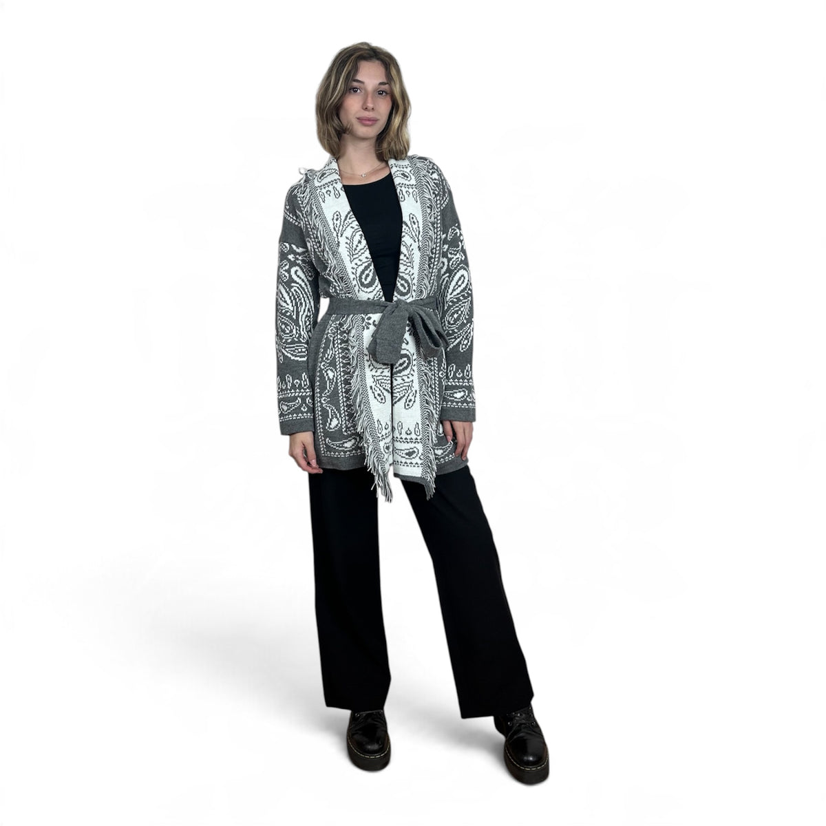 Cardigan Paisley con Frange Grigio