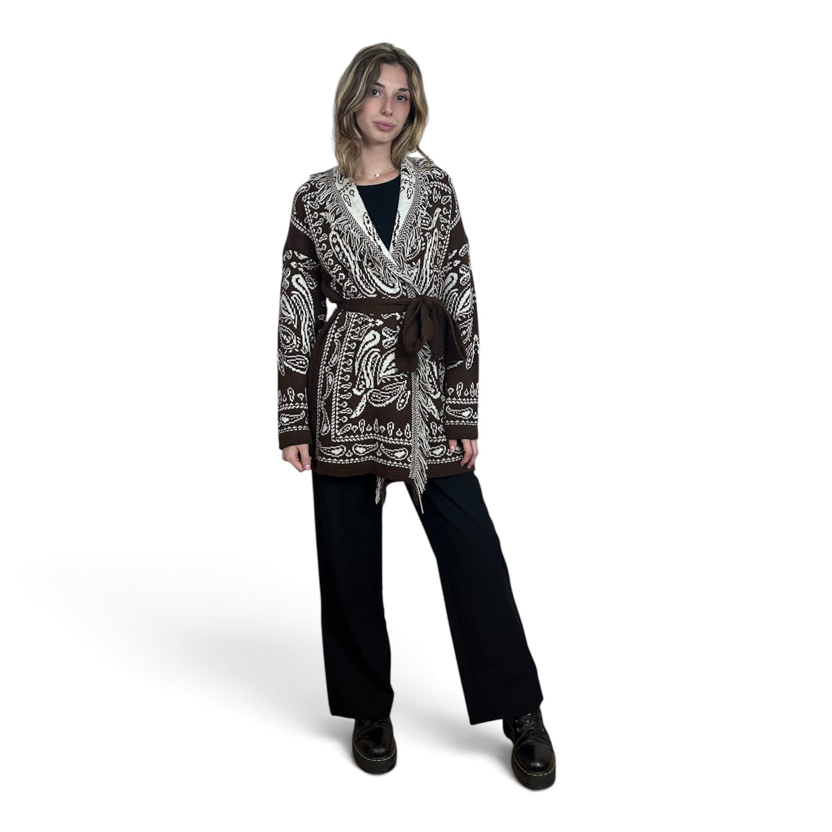 Cardigan Paisley con Frange Marrone