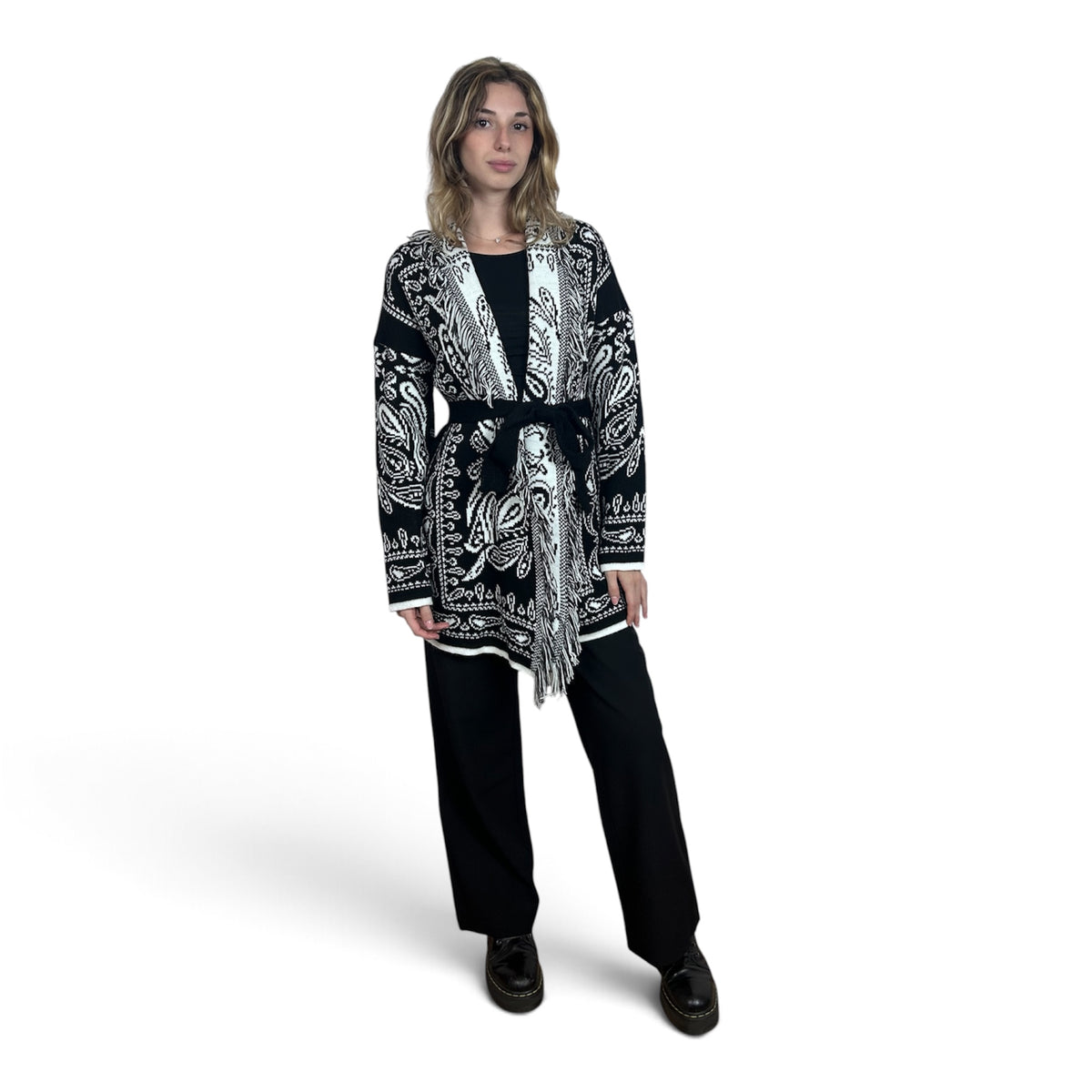 Cardigan Paisley con Frange Nero