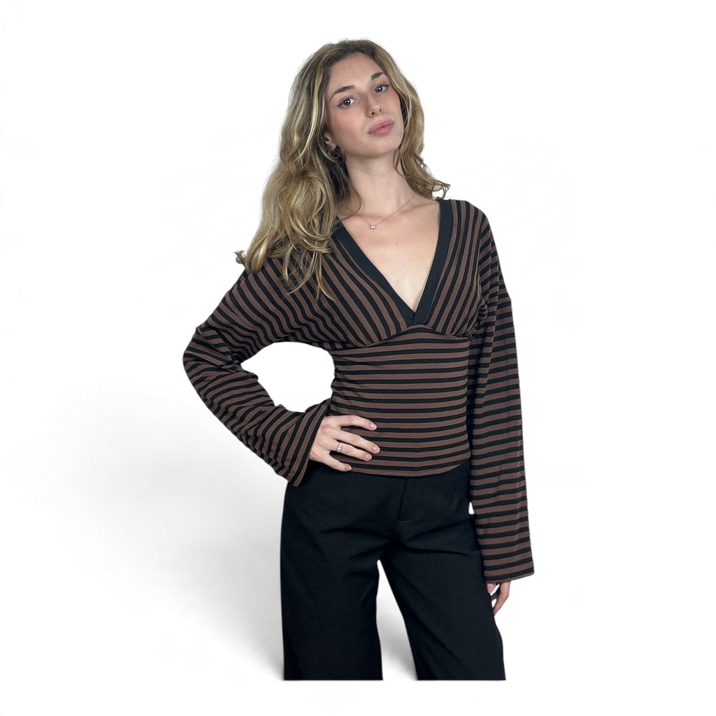 Maglia a Righe Con Scollo Marrone e Nera