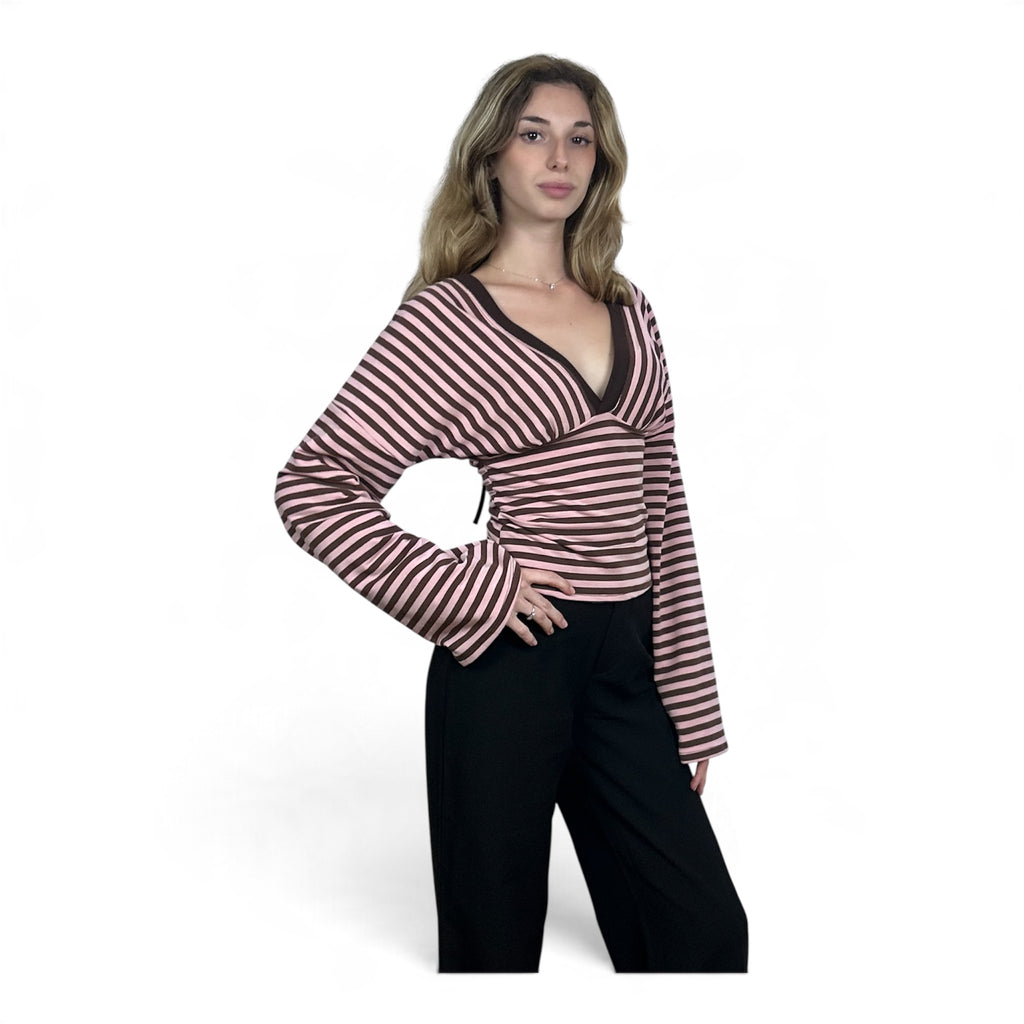 Maglia a Righe Con Scollo Rosa e Marrone
