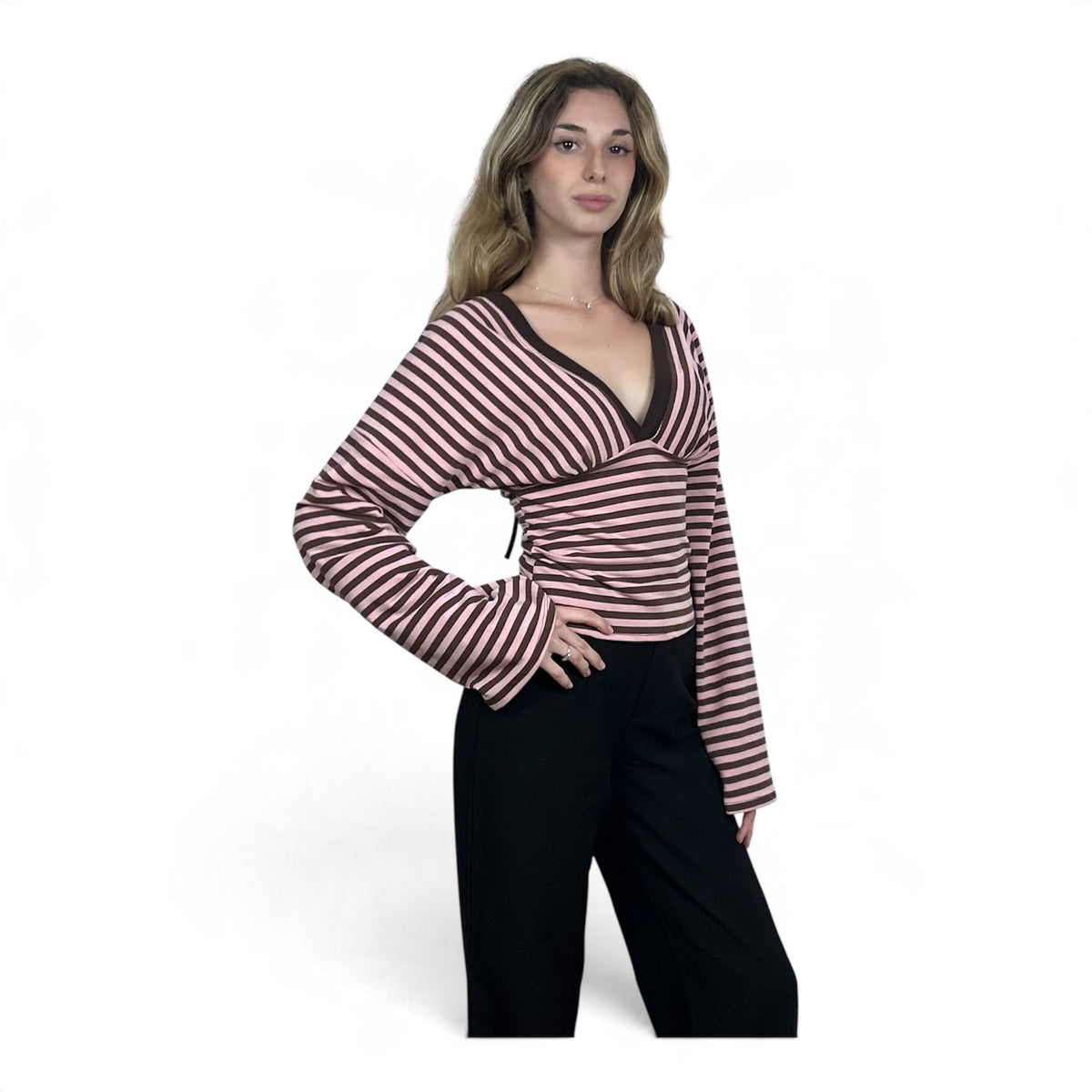 Maglia a Righe Con Scollo Rosa e Marrone