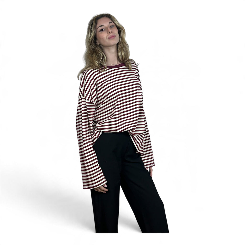 Longsleeve Oversize a Righe | Bordeaux e Panna