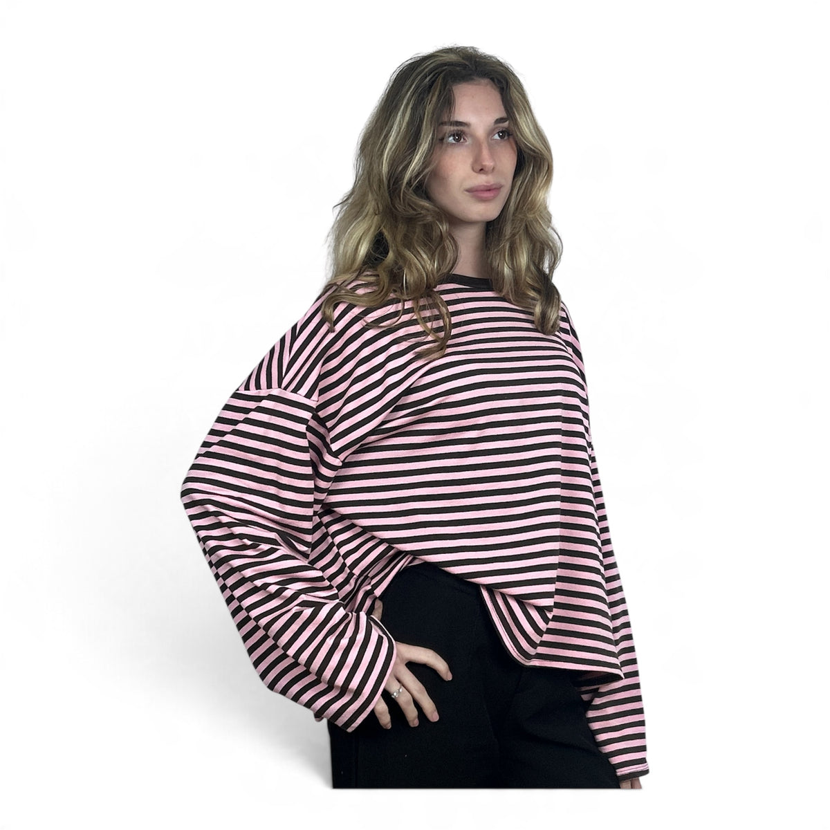 Longsleeve Oversize a Righe Rosa e Marrone