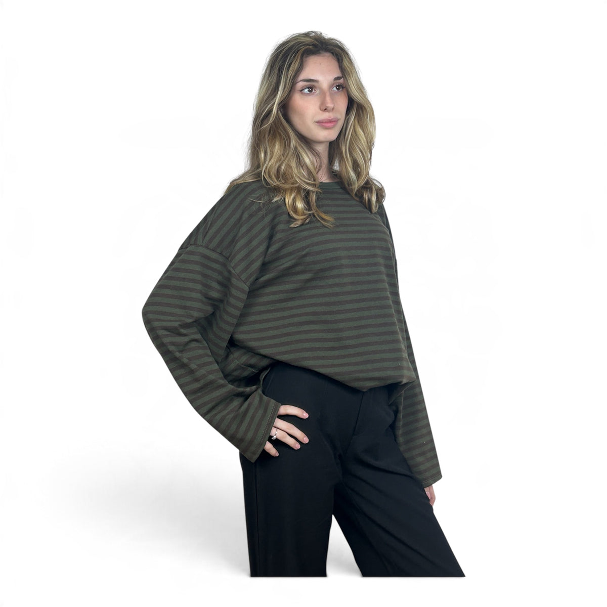 Longsleeve Oversize a Righe Verde e Marrone Scuro