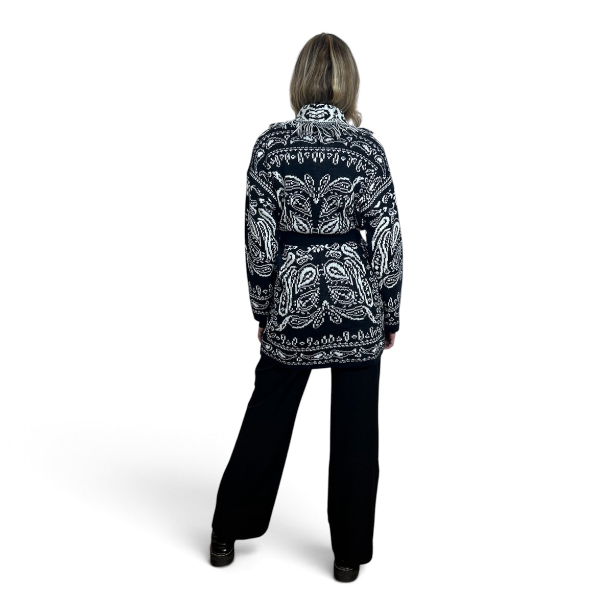 Cardigan Paisley con Frange Blu Notte