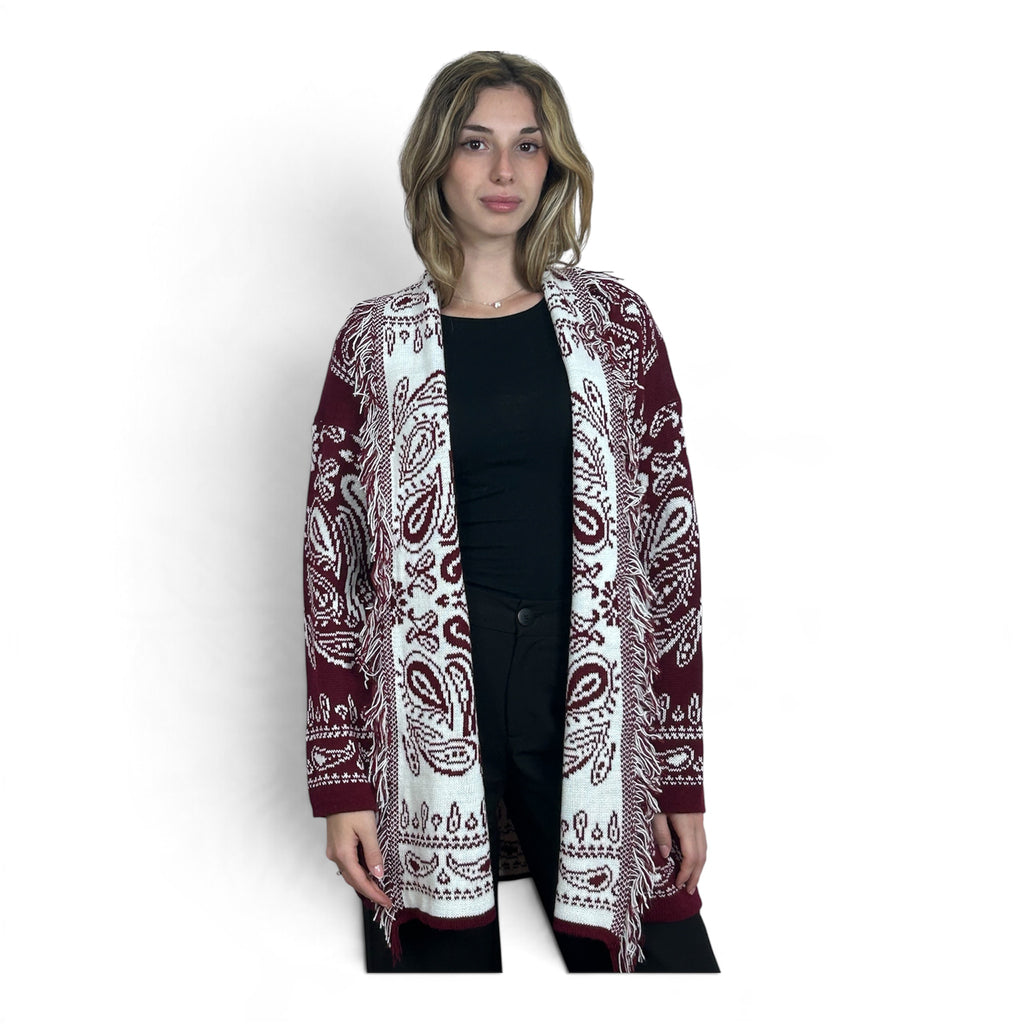 Cardigan Paisley con Frange | Bordeaux