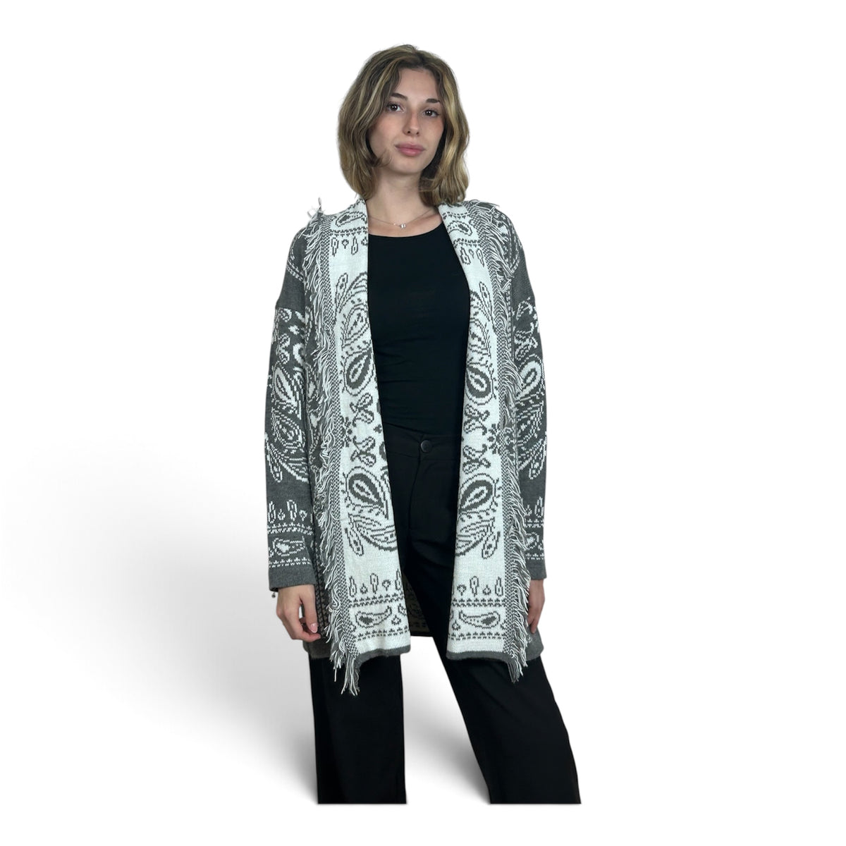 Cardigan Paisley con Frange Grigio