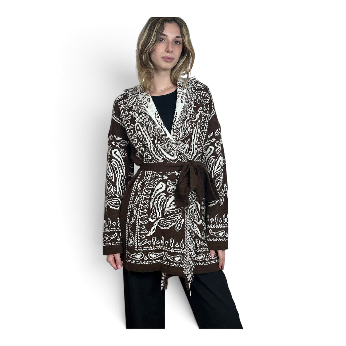 Cardigan Paisley con Frange Marrone