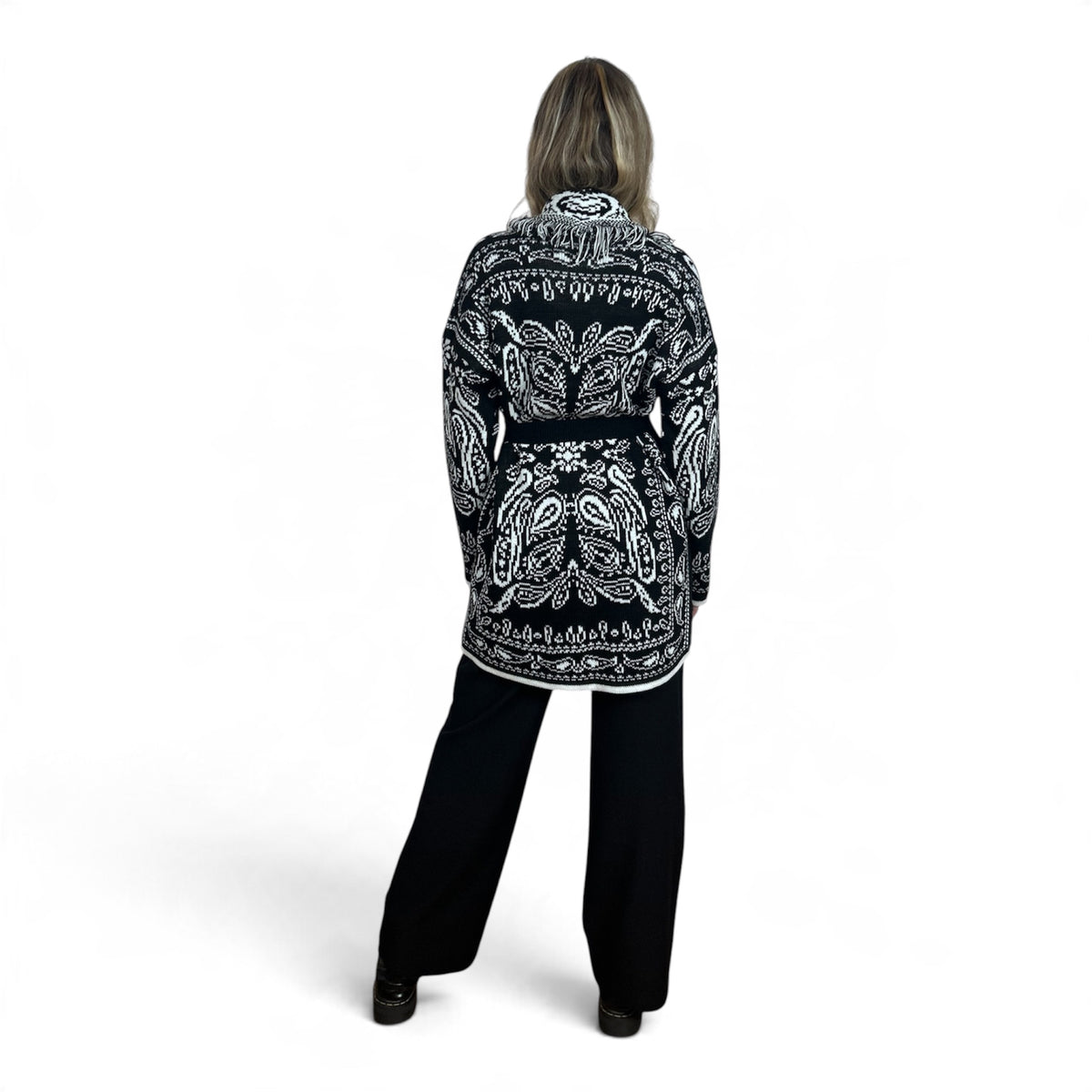 Cardigan Paisley con Frange Nero