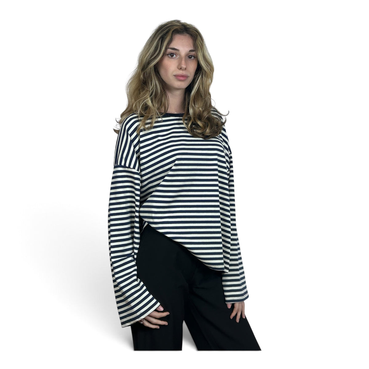 Longsleeve Oversize a Righe Blu e Panna