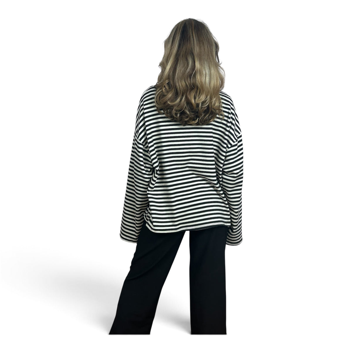 Longsleeve Oversize a Righe Nere e Panna