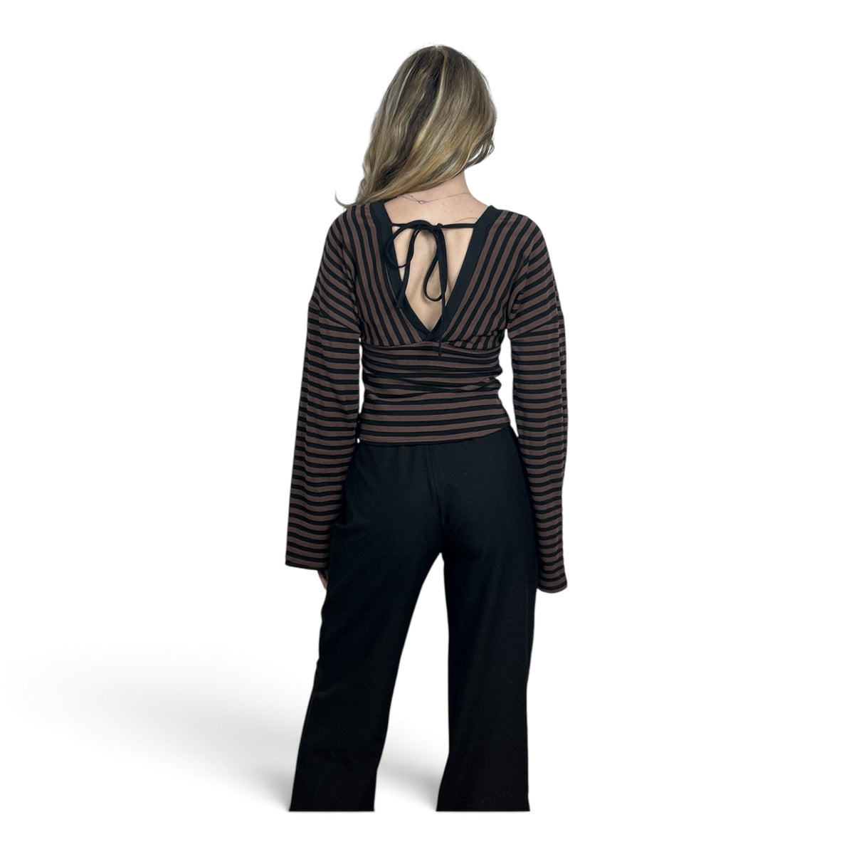 Maglia a Righe Con Scollo Marrone e Nera