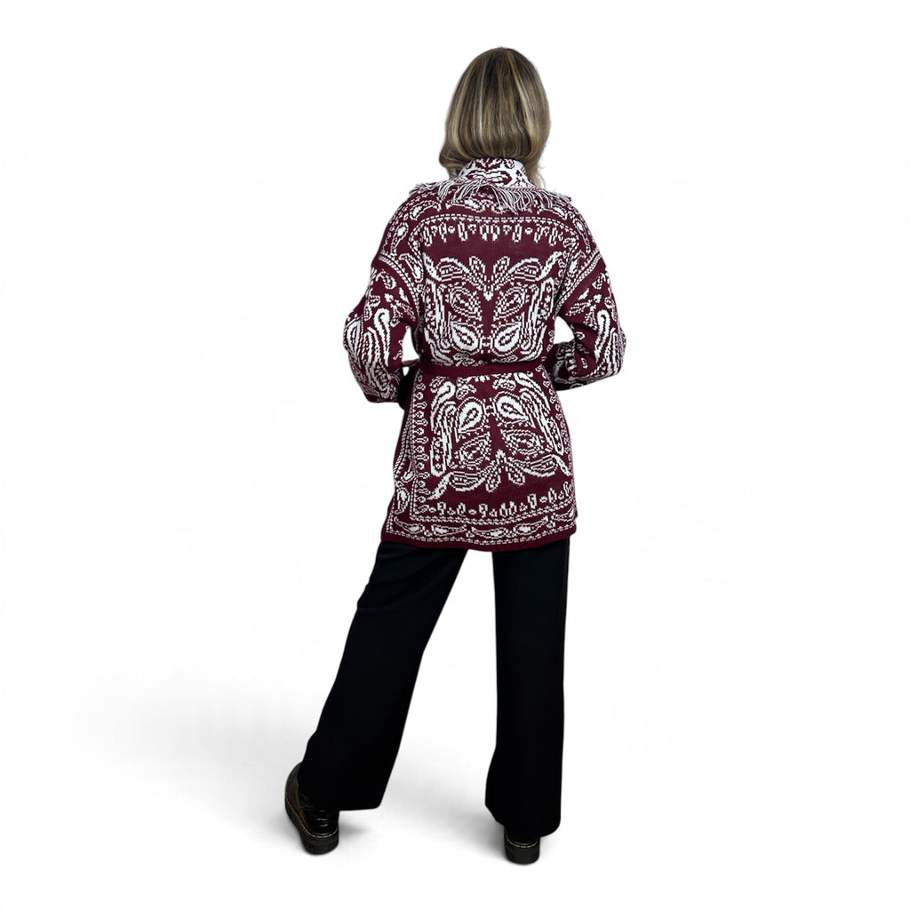 Cardigan Paisley con Frange | Bordeaux