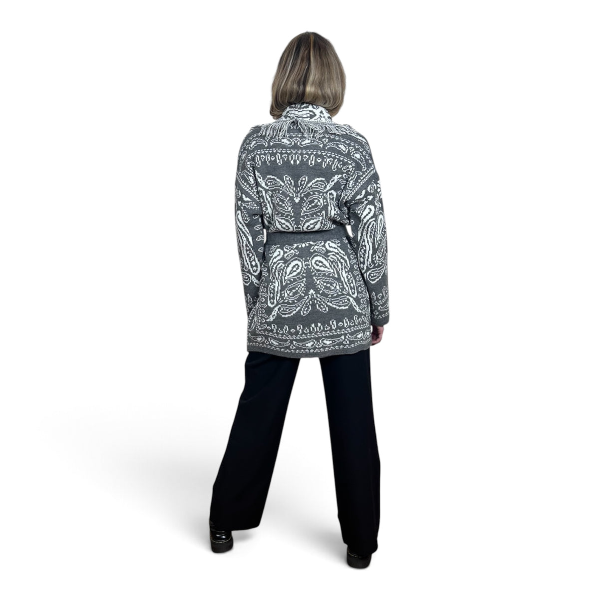 Cardigan Paisley con Frange Grigio