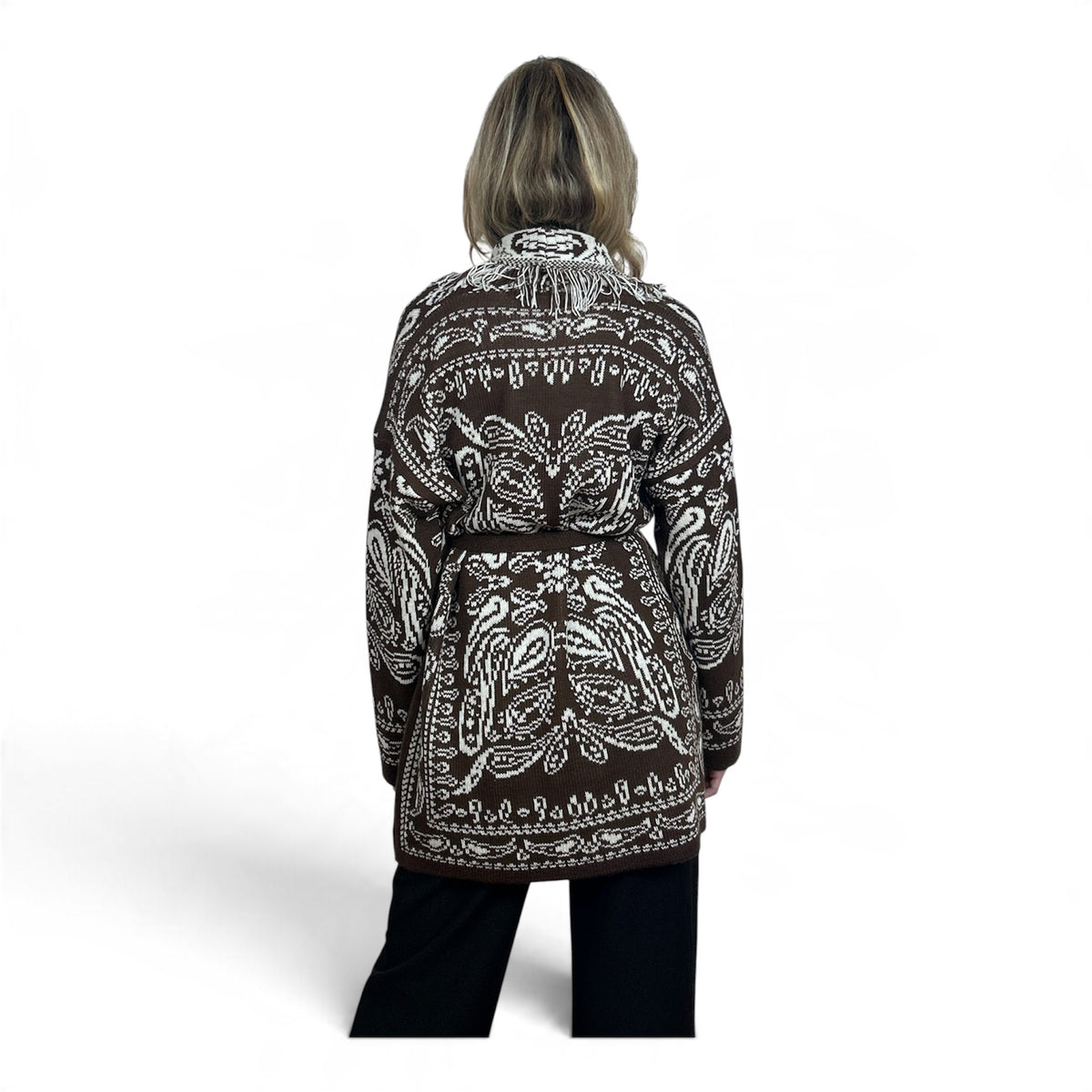Cardigan Paisley con Frange Marrone