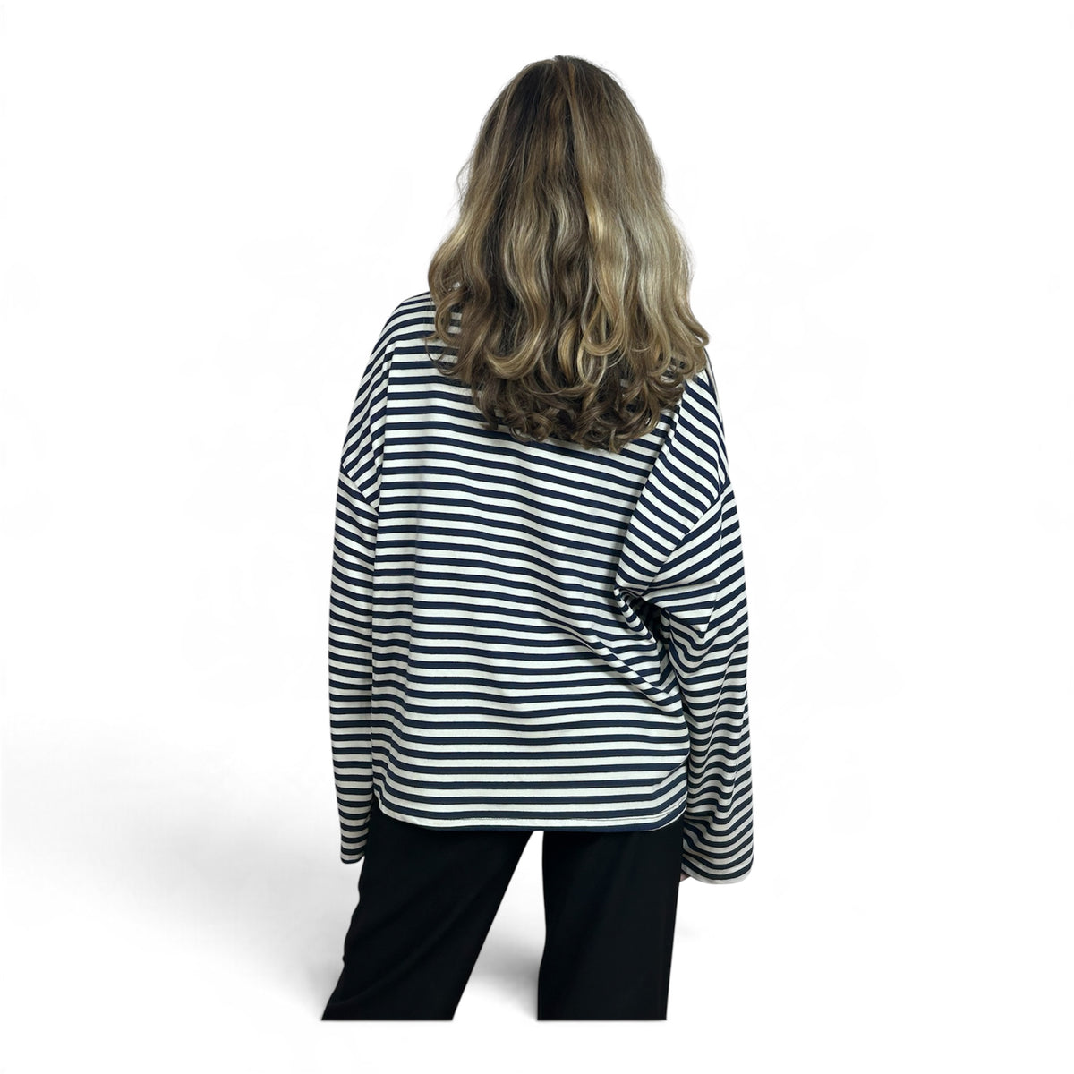 Longsleeve Oversize a Righe Blu e Panna