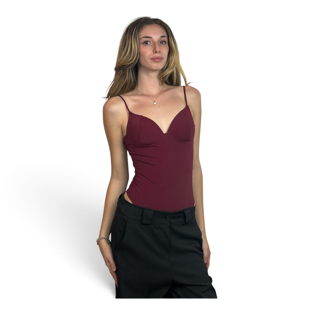 Body Scollato con Coppe Bordeaux